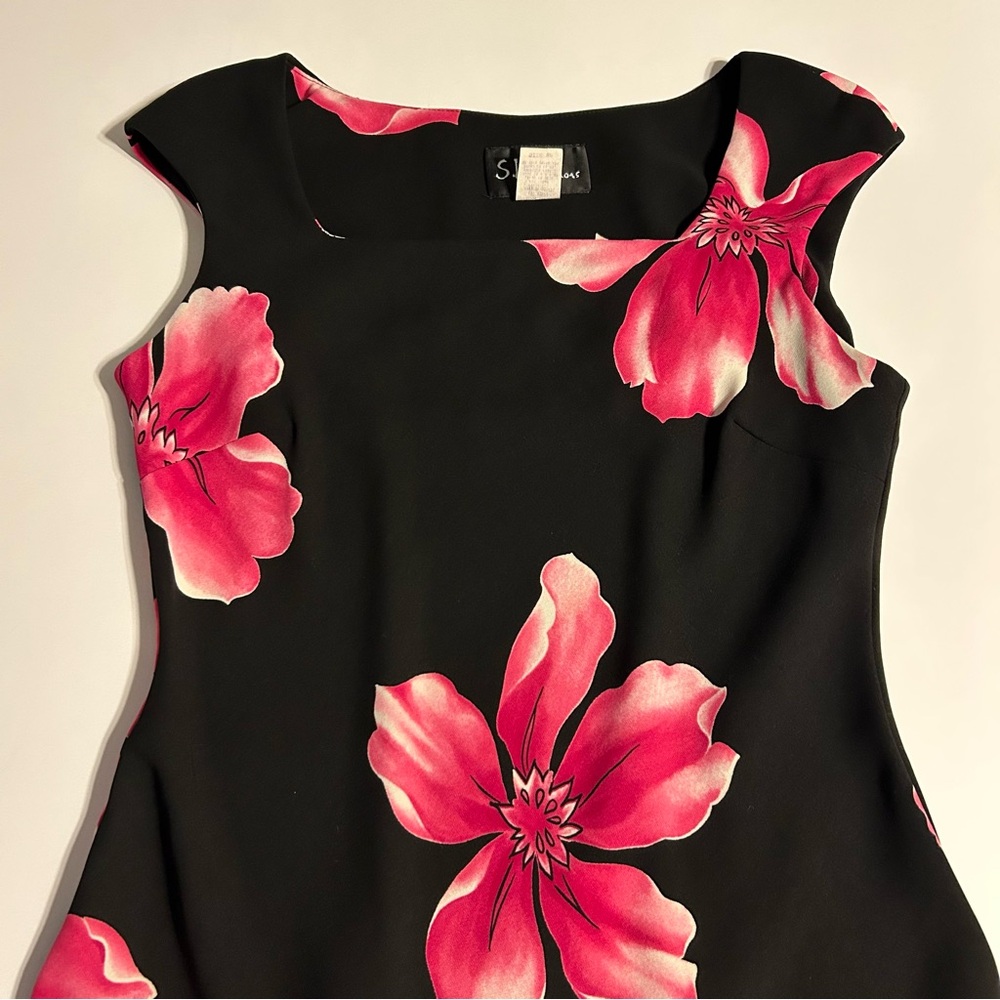 S.L. FASHIONS Woman  Sheath  Dress Size 8 P‎ BLACK & Pink FLORAL Elegant Modern